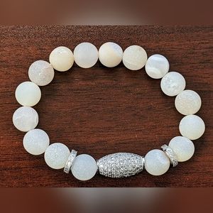 Women's Druzy Agate Natural White Pave Geode Silver Bracelet 10mm